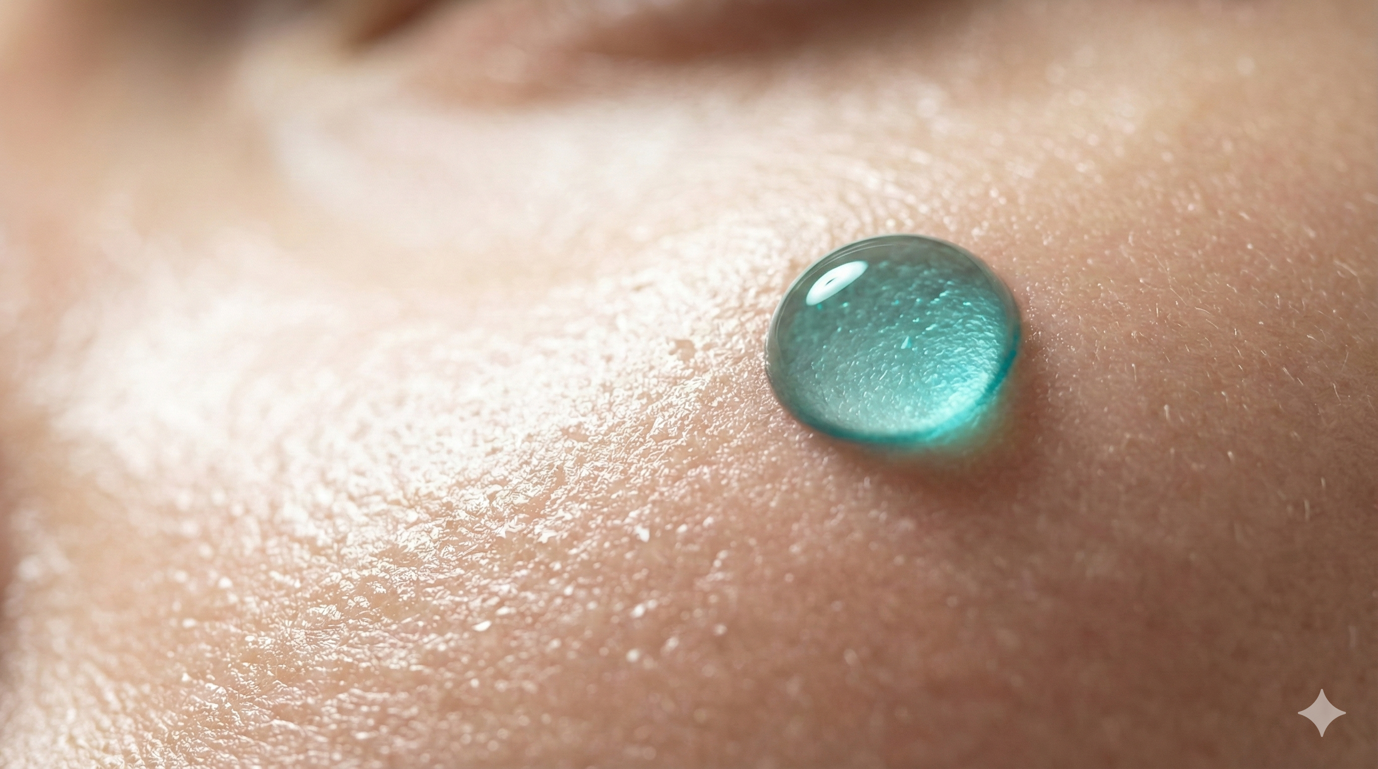 Luminous skin with teal serum droplet